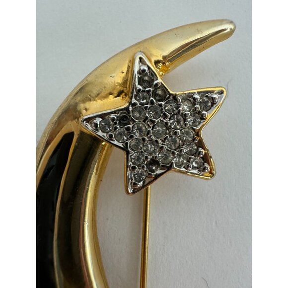 Vintage Gold-Tone Crescent Moon & Star Brooch With Rhinestones & Black Enamel - Picture 14 of 16